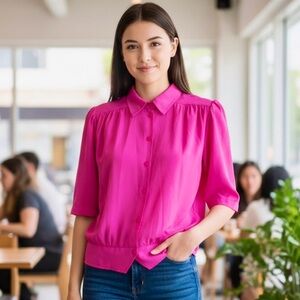 Vintage Pink Relaxed Blouse with Notched Collar and Button Down Style